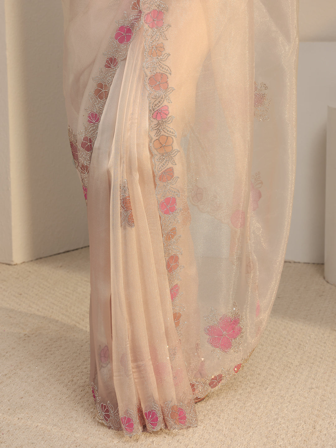  Libas Taupe Floral Embellished Organza Saree With Unstitched Blouse Piece 