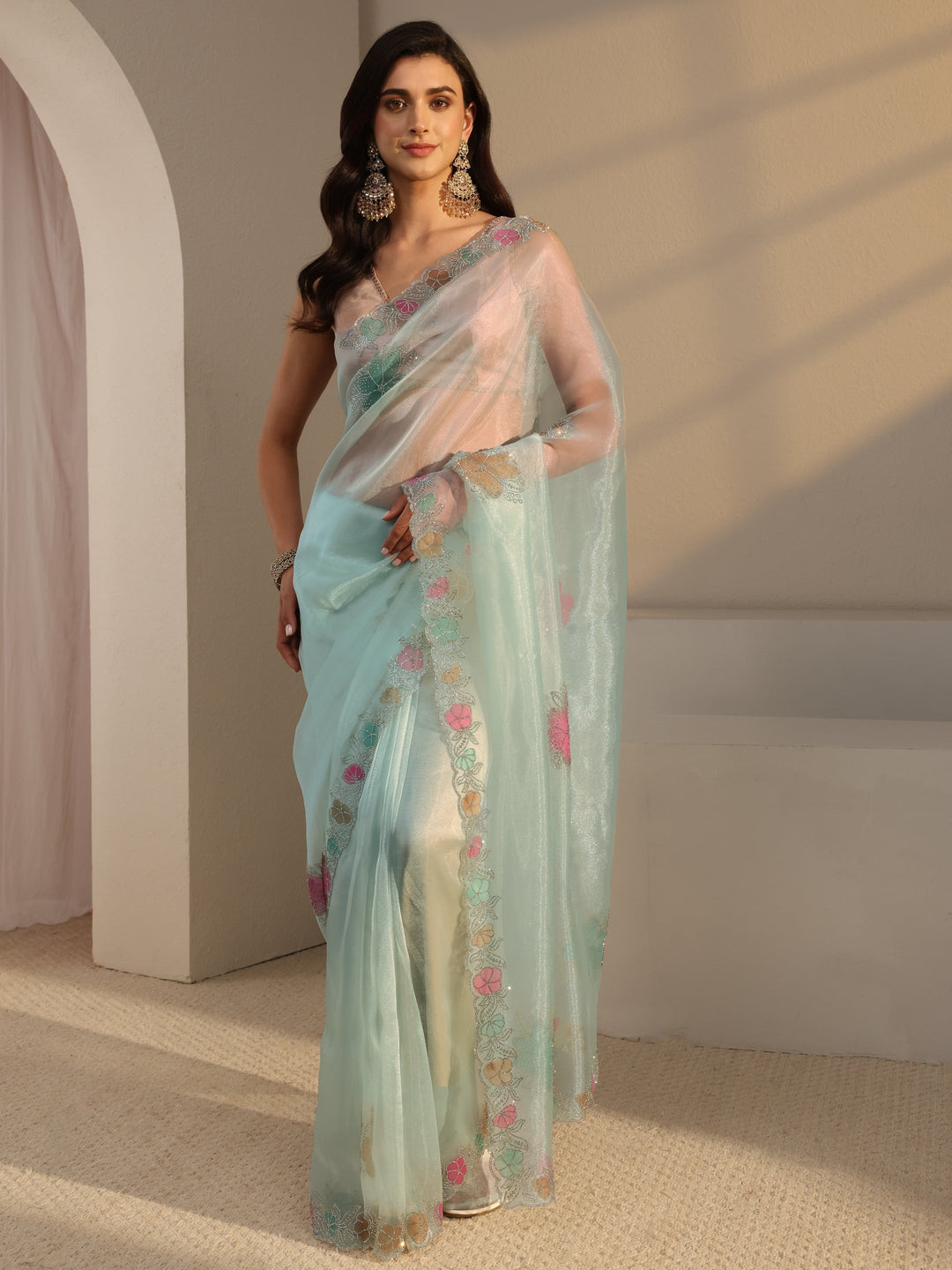 Libas Blue Floral Embellished Organza Saree With Unstitched Blouse Piece 