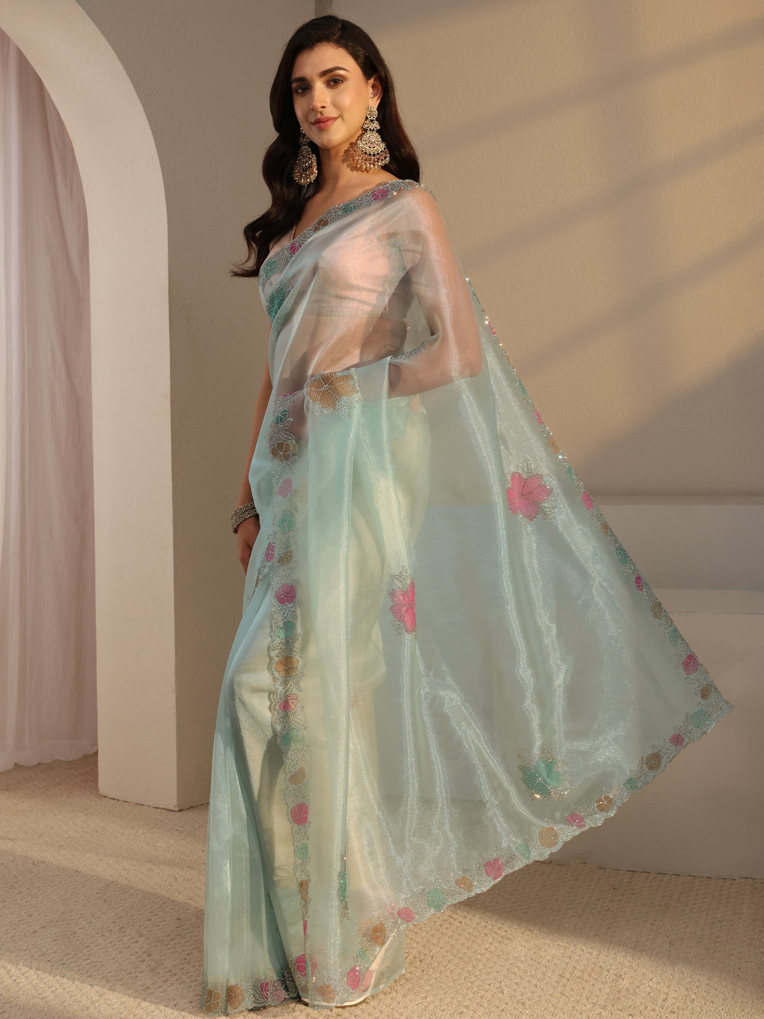  Libas Blue Floral Embellished Organza Saree With Unstitched Blouse Piece 