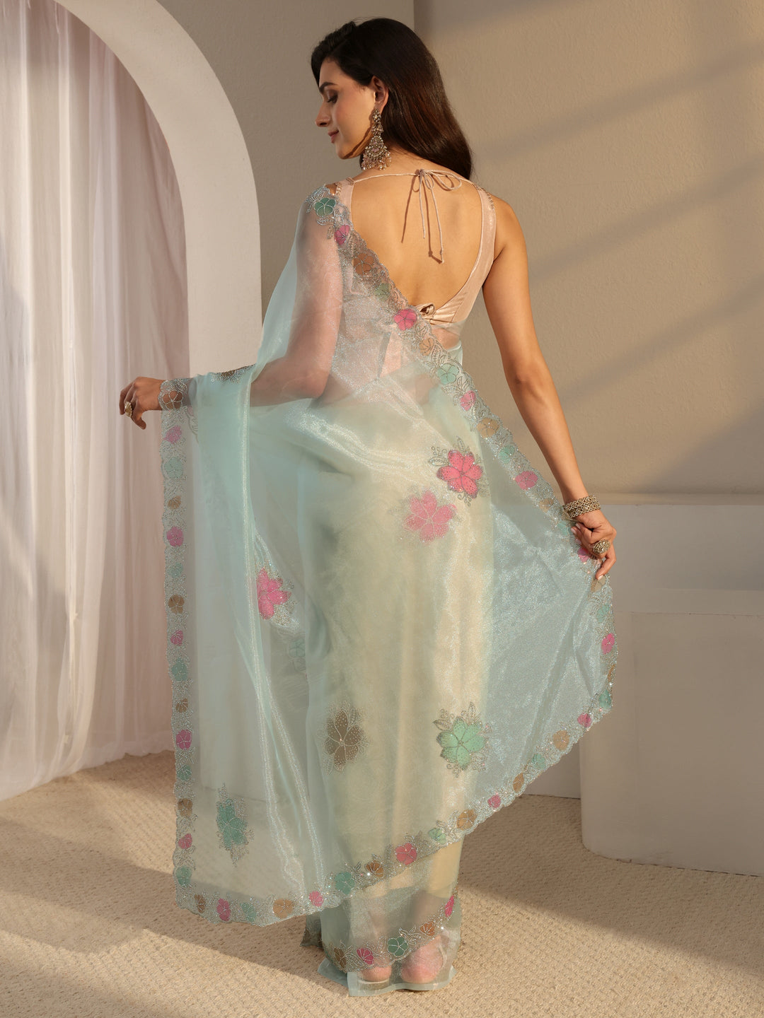  Libas Blue Floral Embellished Organza Saree With Unstitched Blouse Piece 