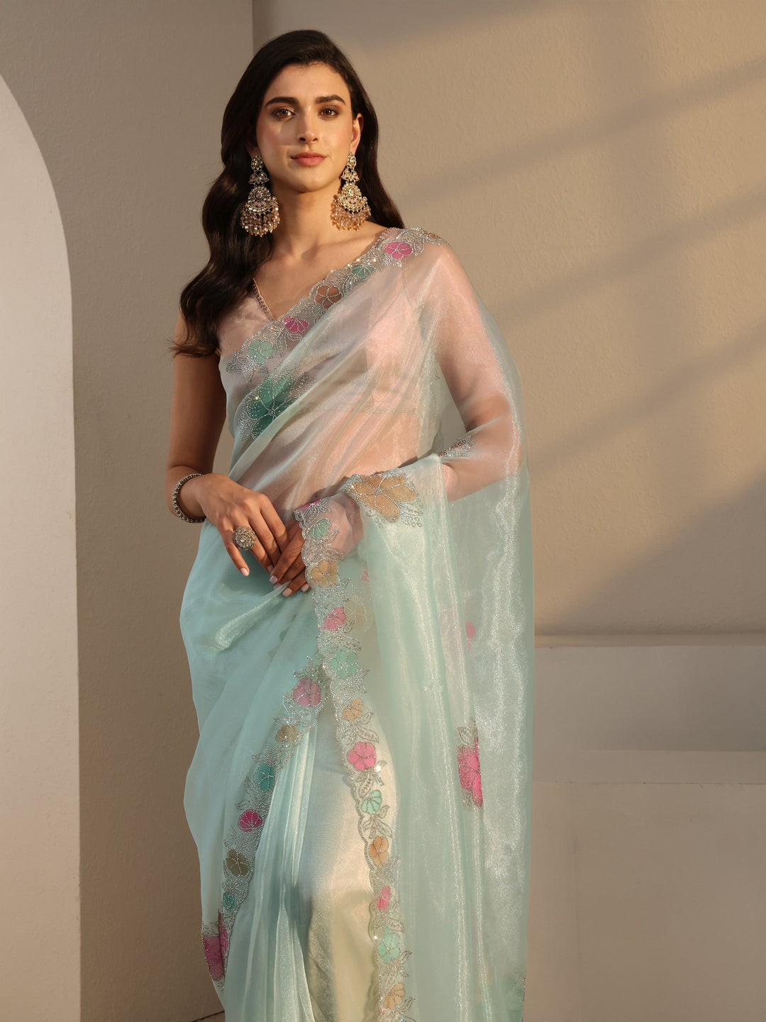  Libas Blue Floral Embellished Organza Saree With Unstitched Blouse Piece 