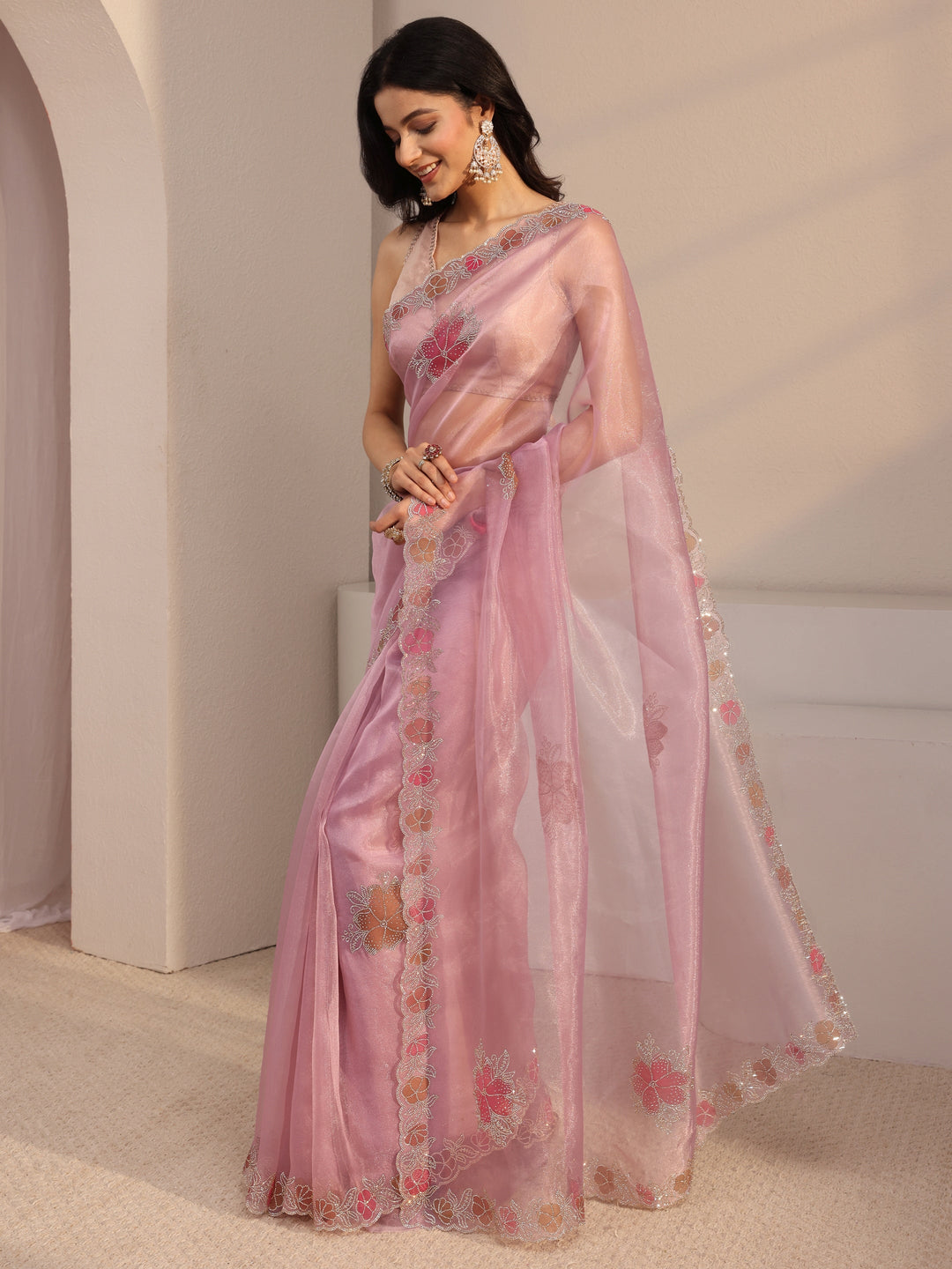  Libas Pink Embellished Organza Saree With Unstiched Blouse Piece 