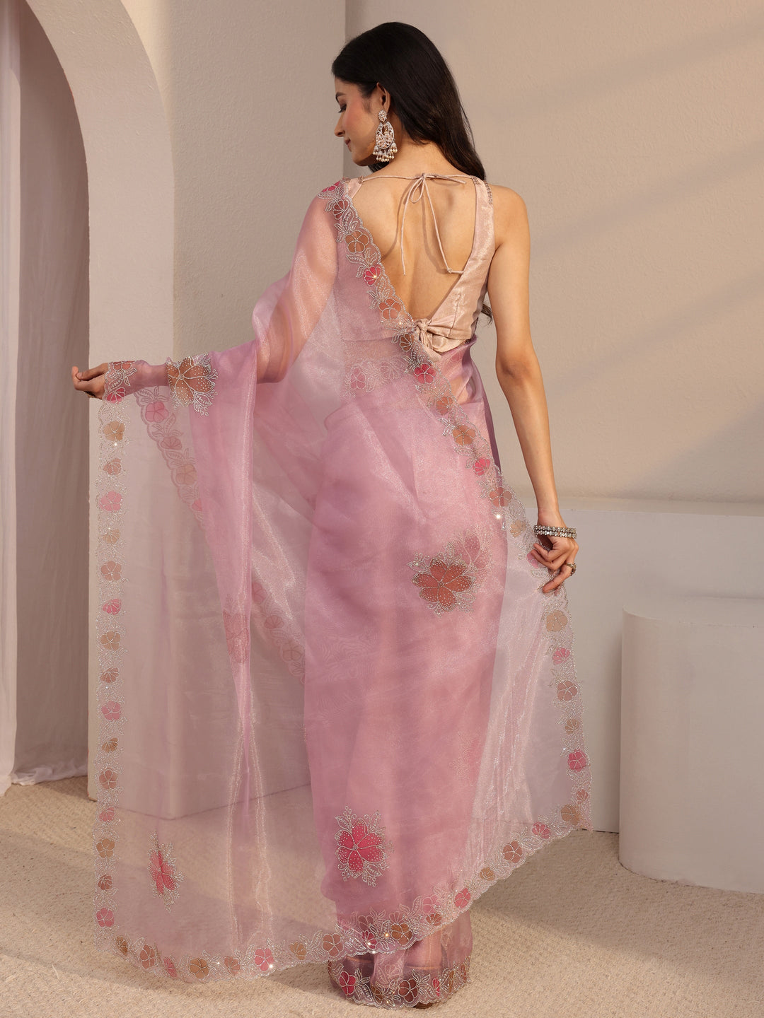  Libas Pink Embellished Organza Saree With Unstiched Blouse Piece 