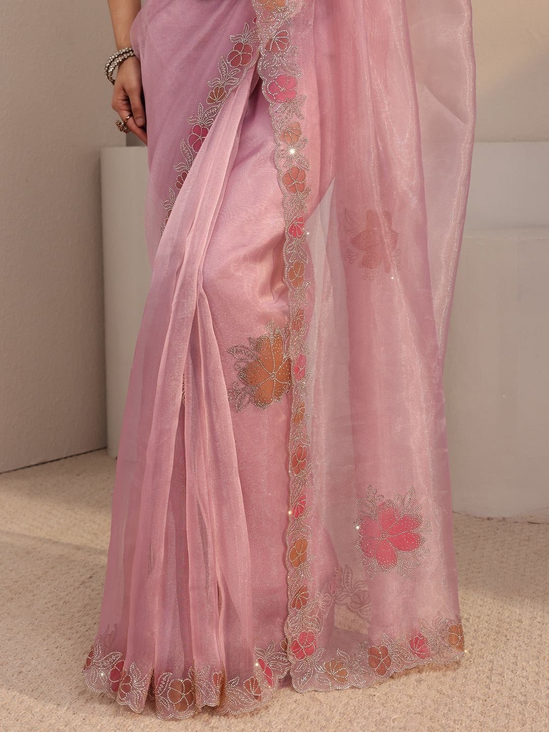 Libas Pink Embellished Organza Saree With Unstiched Blouse Piece 