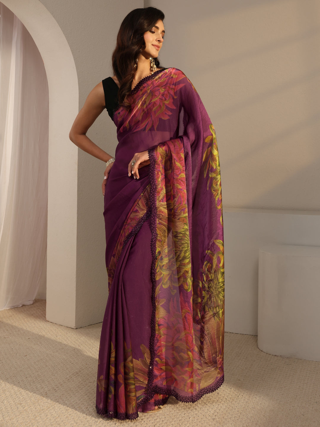  Libas Burgundy Floral Printed Satin Saree With Unstitched Blouse Piece 