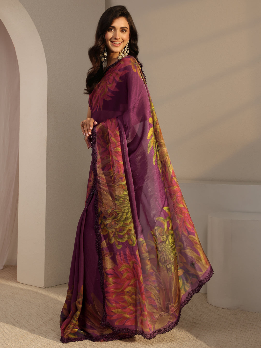  Libas Burgundy Floral Printed Satin Saree With Unstitched Blouse Piece 