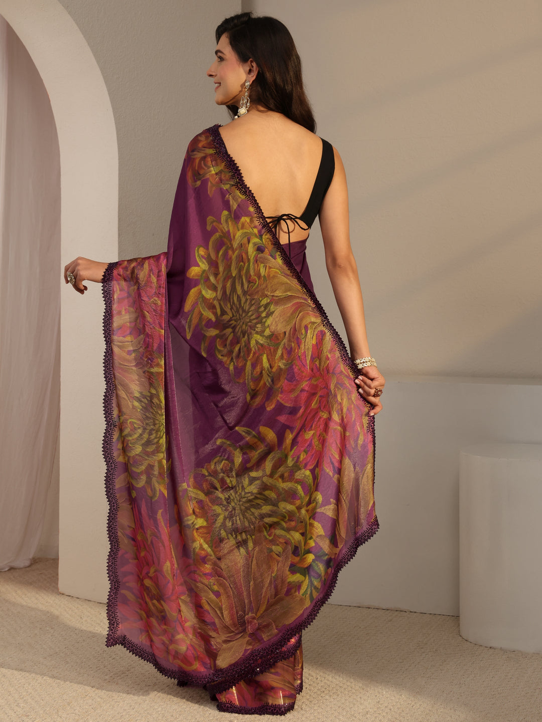  Libas Burgundy Floral Printed Satin Saree With Unstitched Blouse Piece 