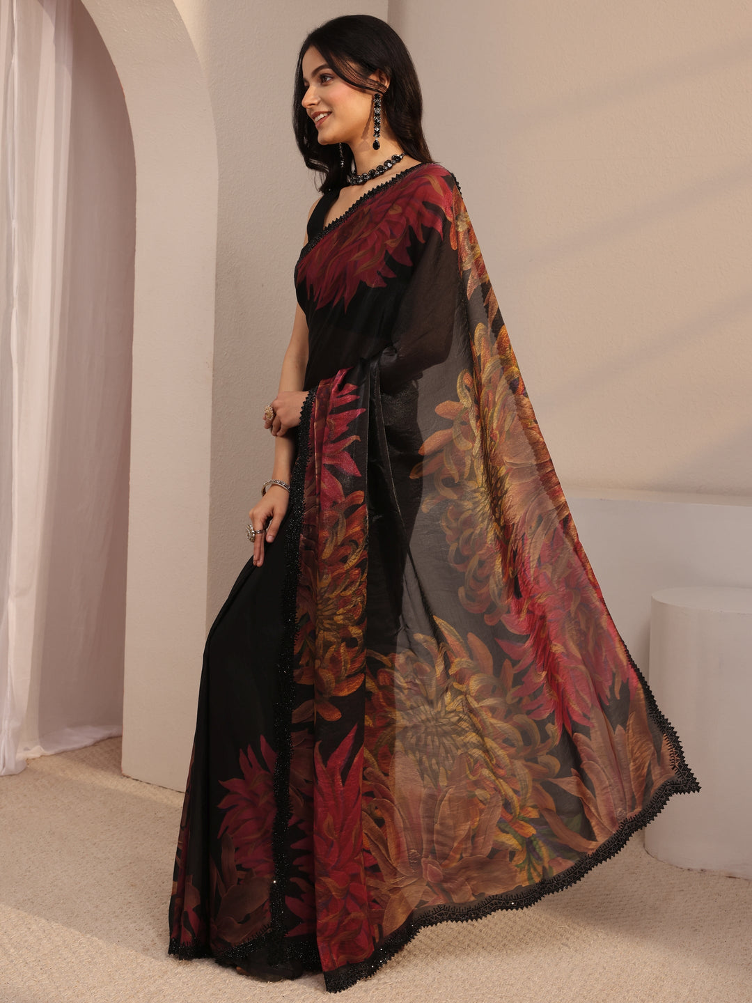  Libas Black Floral Printed Organza Saree With Unstiched Blouse Piece 