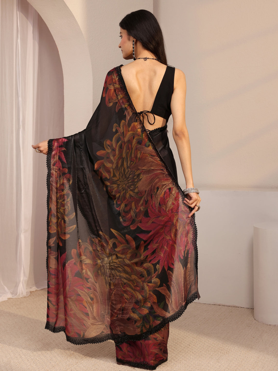  Libas Black Floral Printed Organza Saree With Unstiched Blouse Piece 