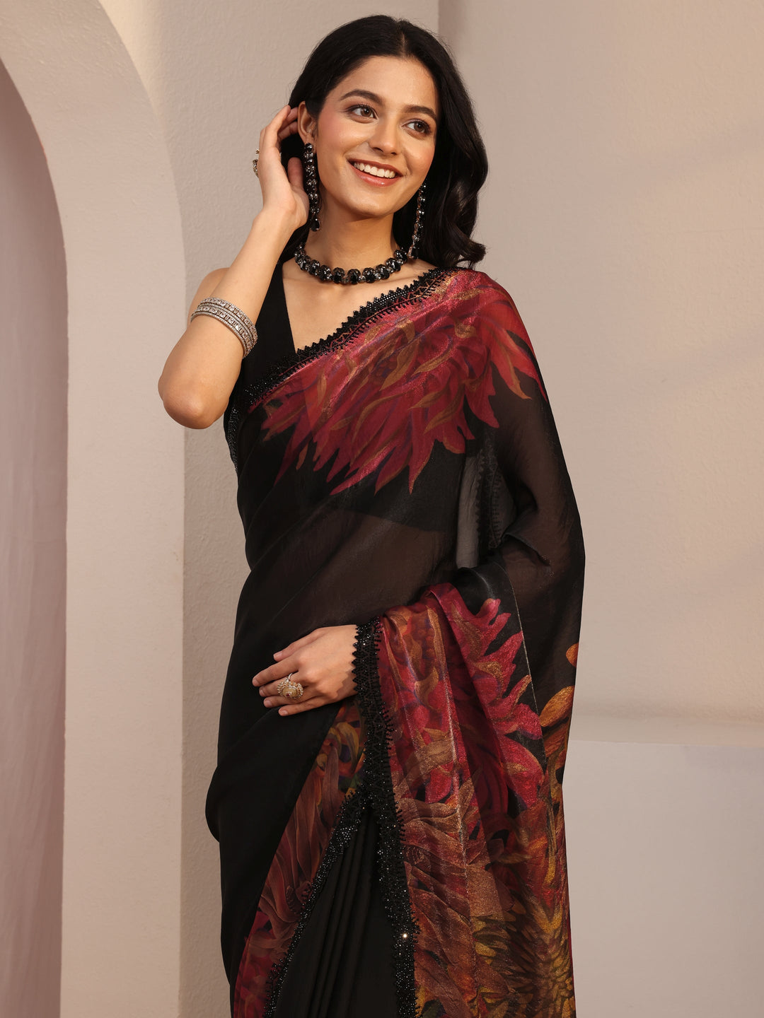  Libas Black Floral Printed Organza Saree With Unstiched Blouse Piece 