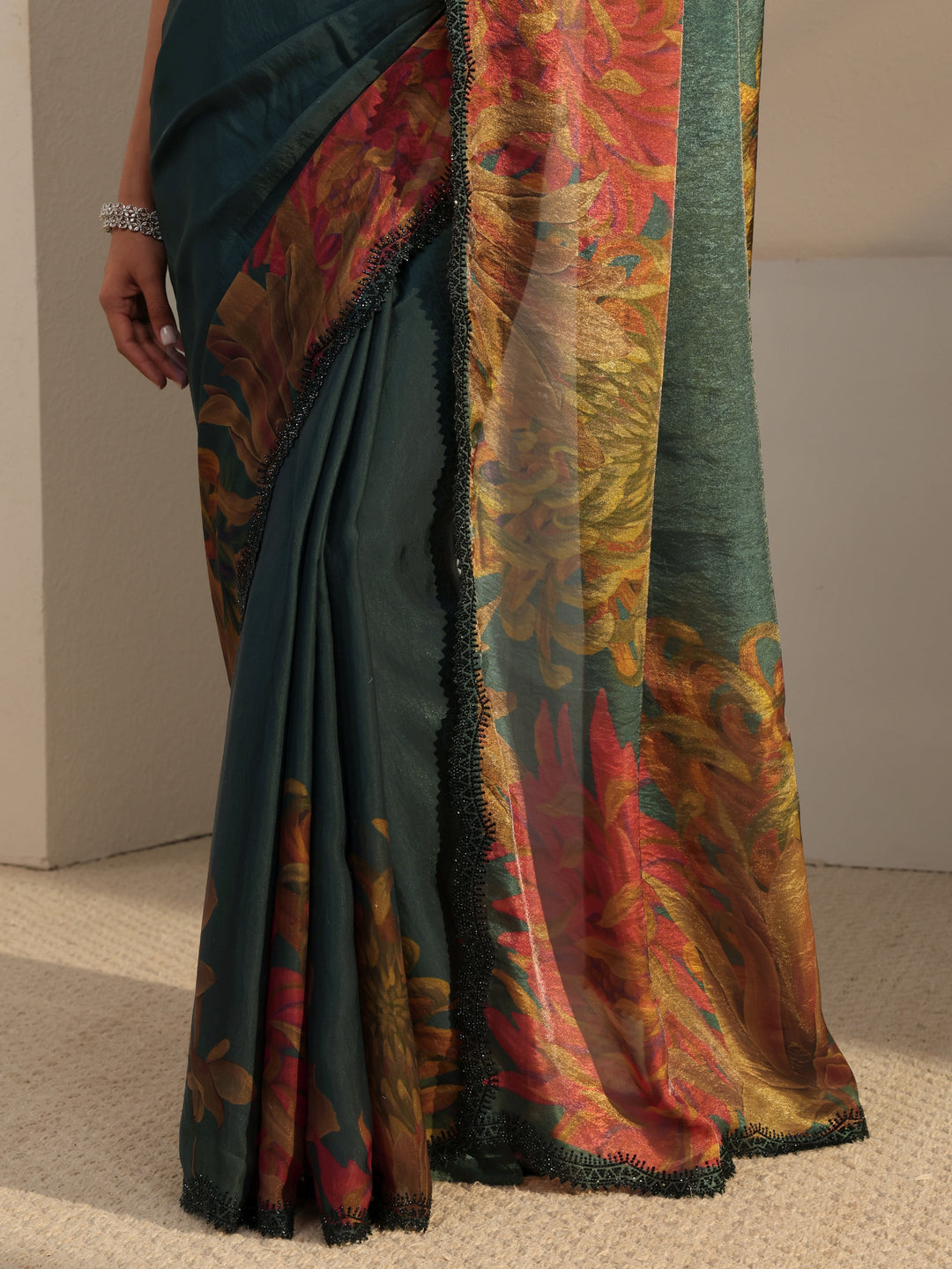  Libas Green Floral Printed Satin Saree With Unstitched Blouse Piece 