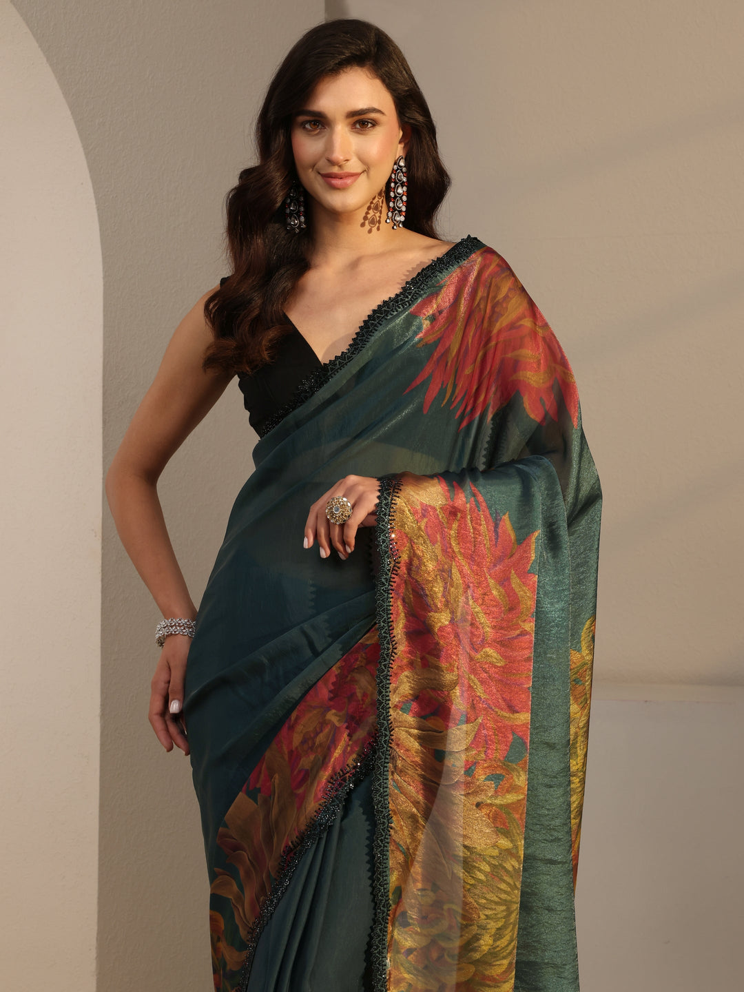 Libas Green Floral Printed Satin Saree With Unstitched Blouse Piece 