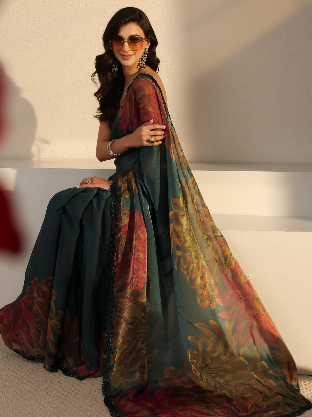  Libas Green Floral Printed Satin Saree With Unstitched Blouse Piece 