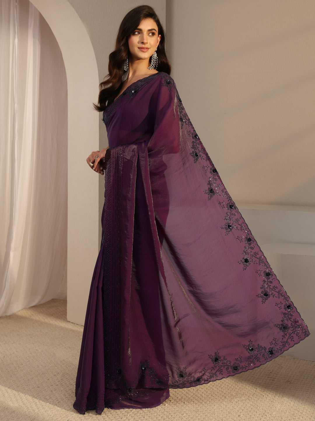  Libas Purple Embellished Tissue Saree With Unstitched Blouse Piece 