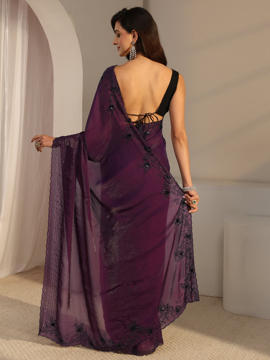  Libas Purple Embellished Tissue Saree With Unstitched Blouse Piece 