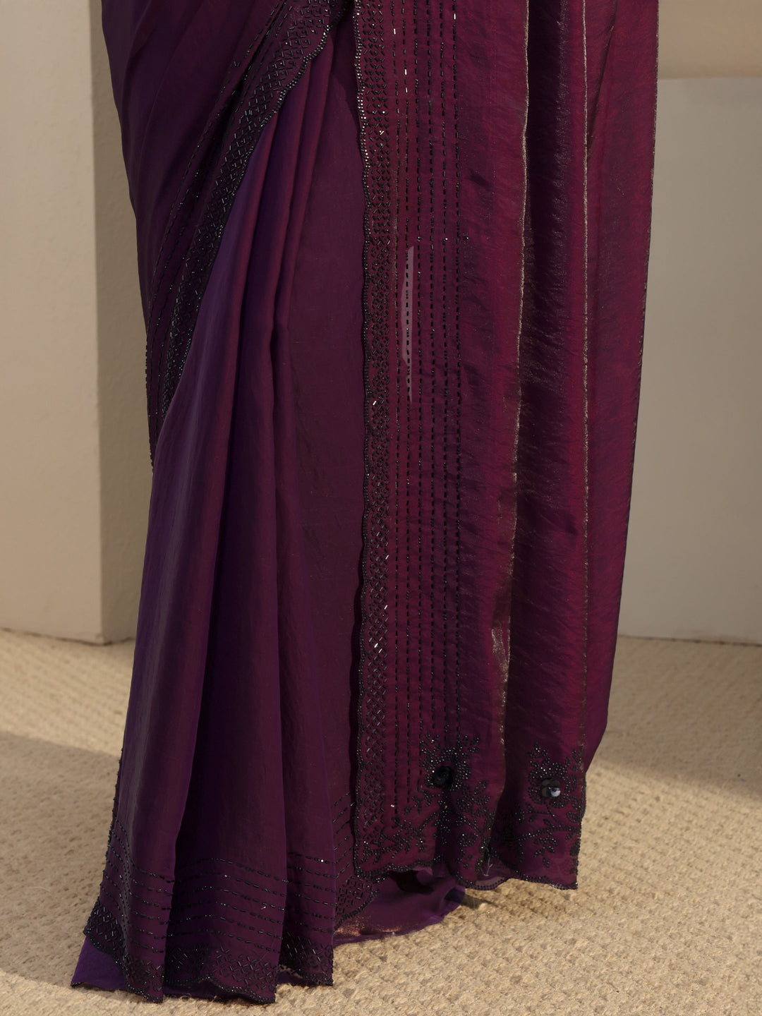  Libas Purple Embellished Tissue Saree With Unstitched Blouse Piece 