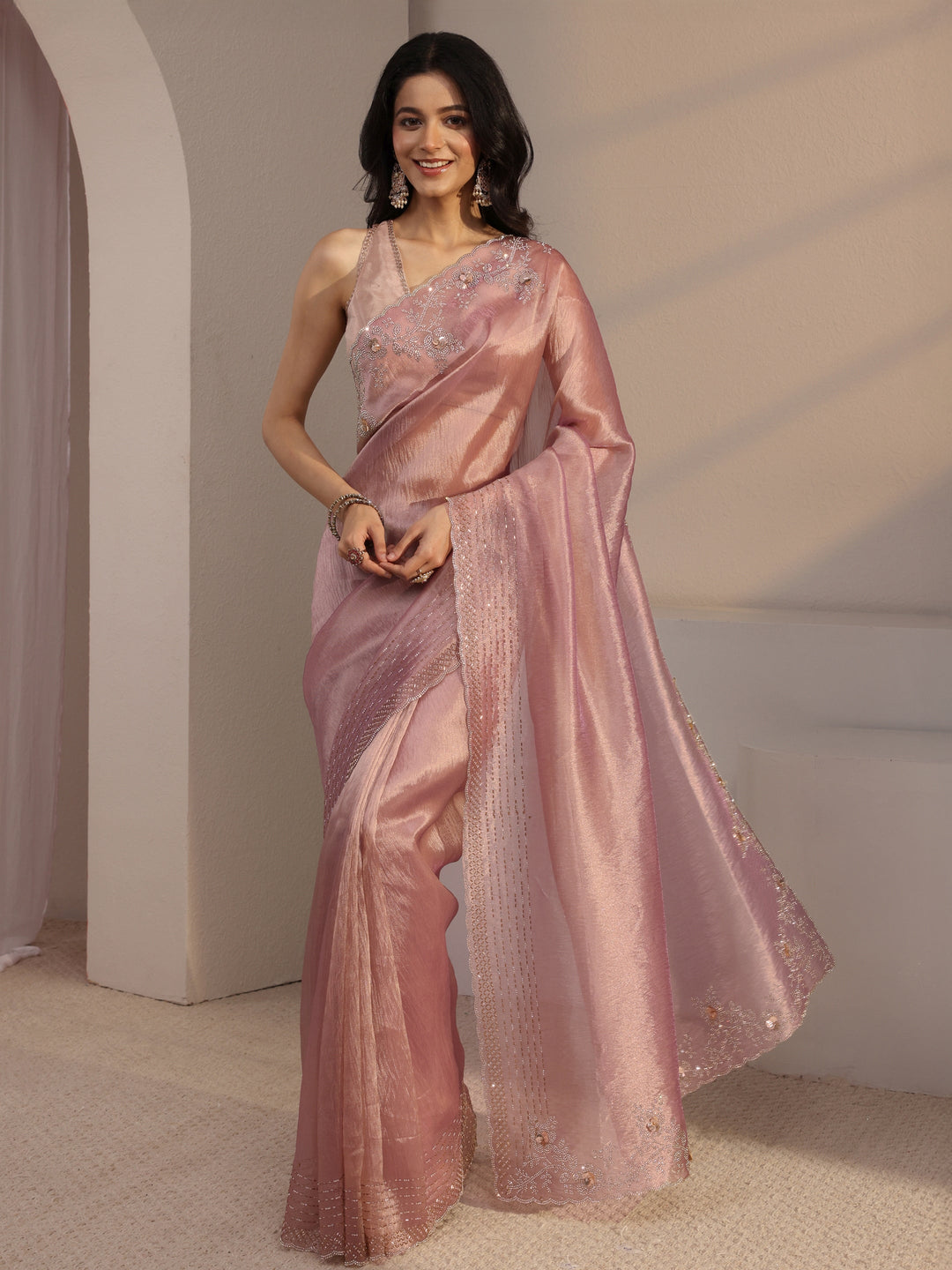  Libas Lavender Embellished Tissue Saree With Unstiched Blouse Piece 