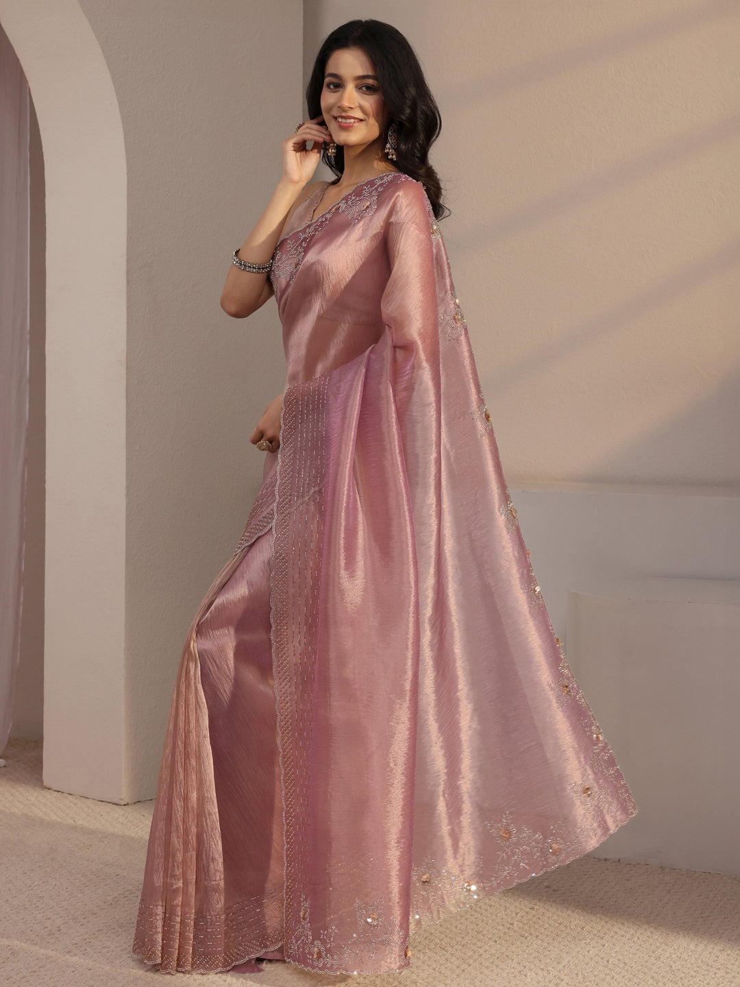  Libas Lavender Embellished Tissue Saree With Unstiched Blouse Piece 