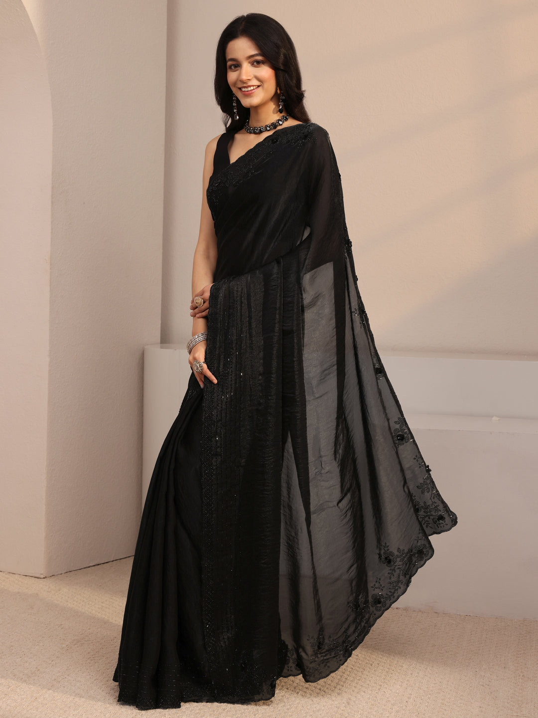  Libas Black Embellished Tissue Saree With Unstiched Blouse Piece 