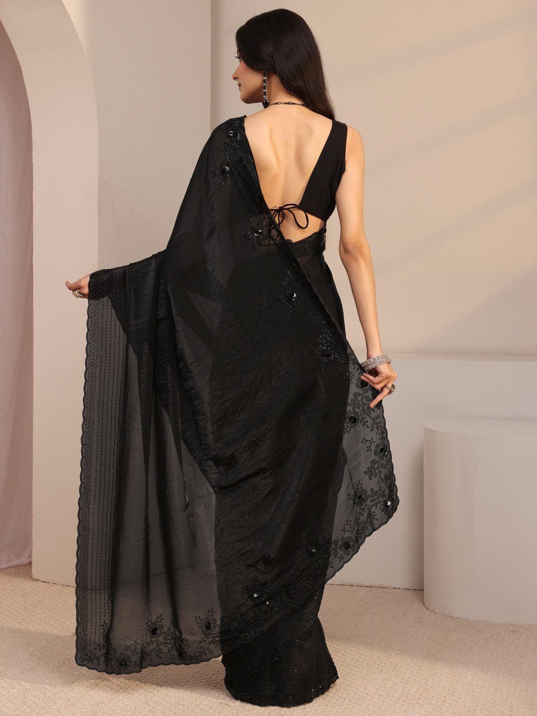  Libas Black Embellished Tissue Saree With Unstiched Blouse Piece 