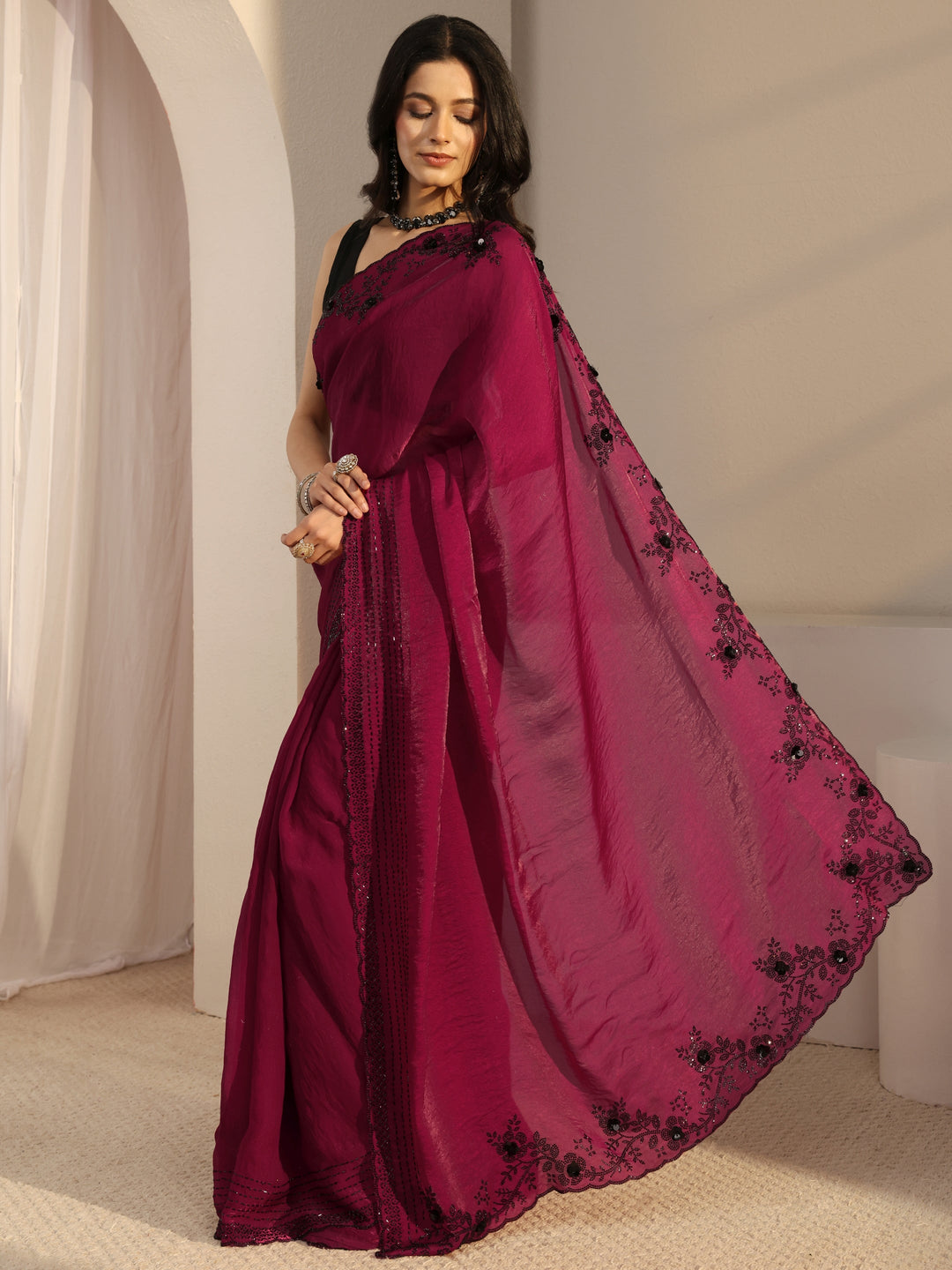  Pink Embellished Tissue Saree With Unstiched Blouse Piece 