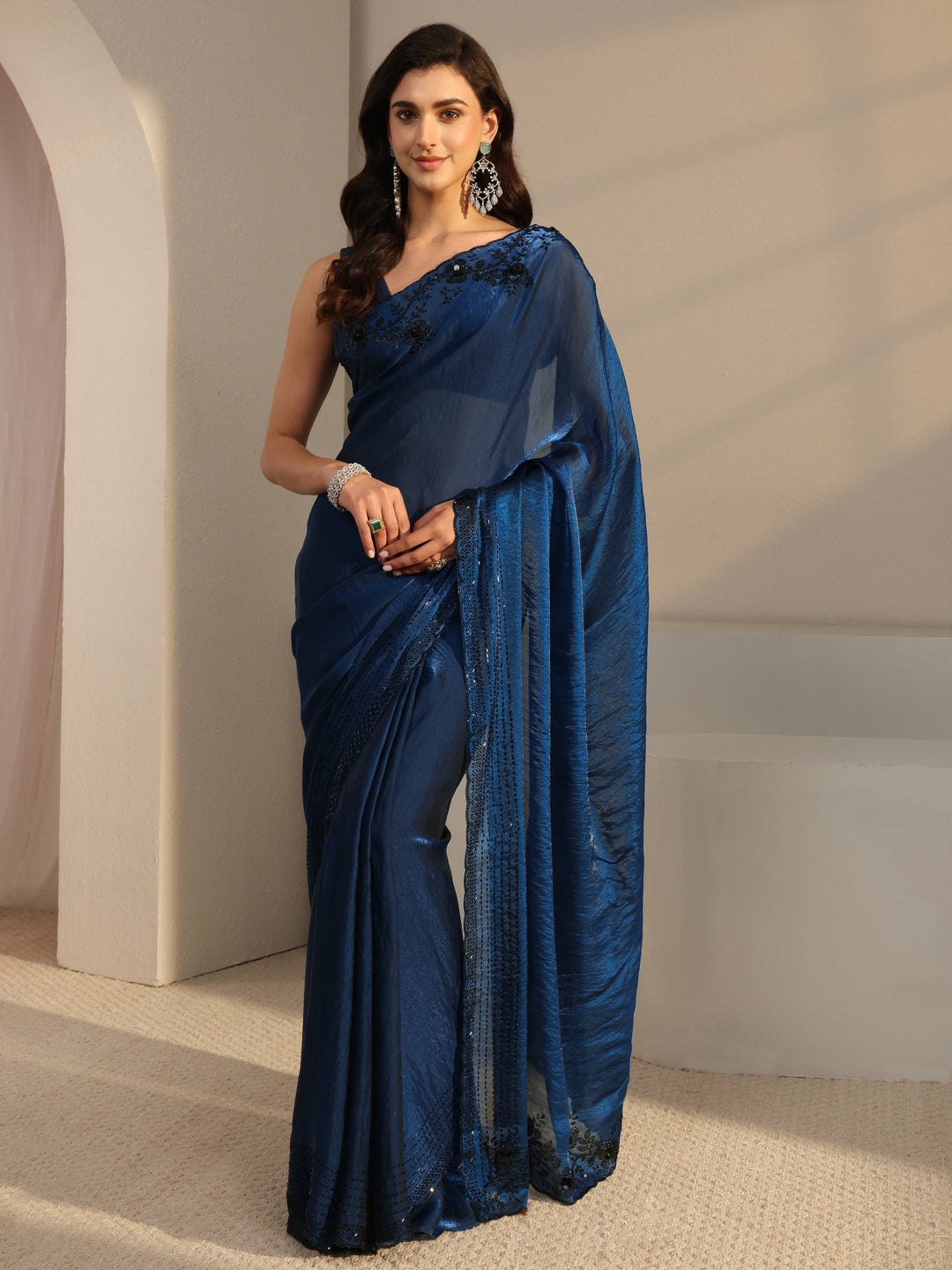  Libas Blue Floral Embellished Tissue Saree With Unstitched Blouse Piece 