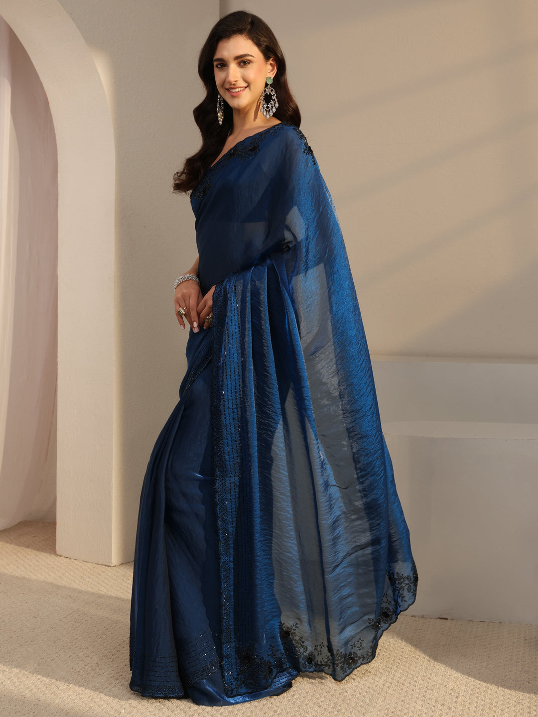  Libas Blue Floral Embellished Tissue Saree With Unstitched Blouse Piece 