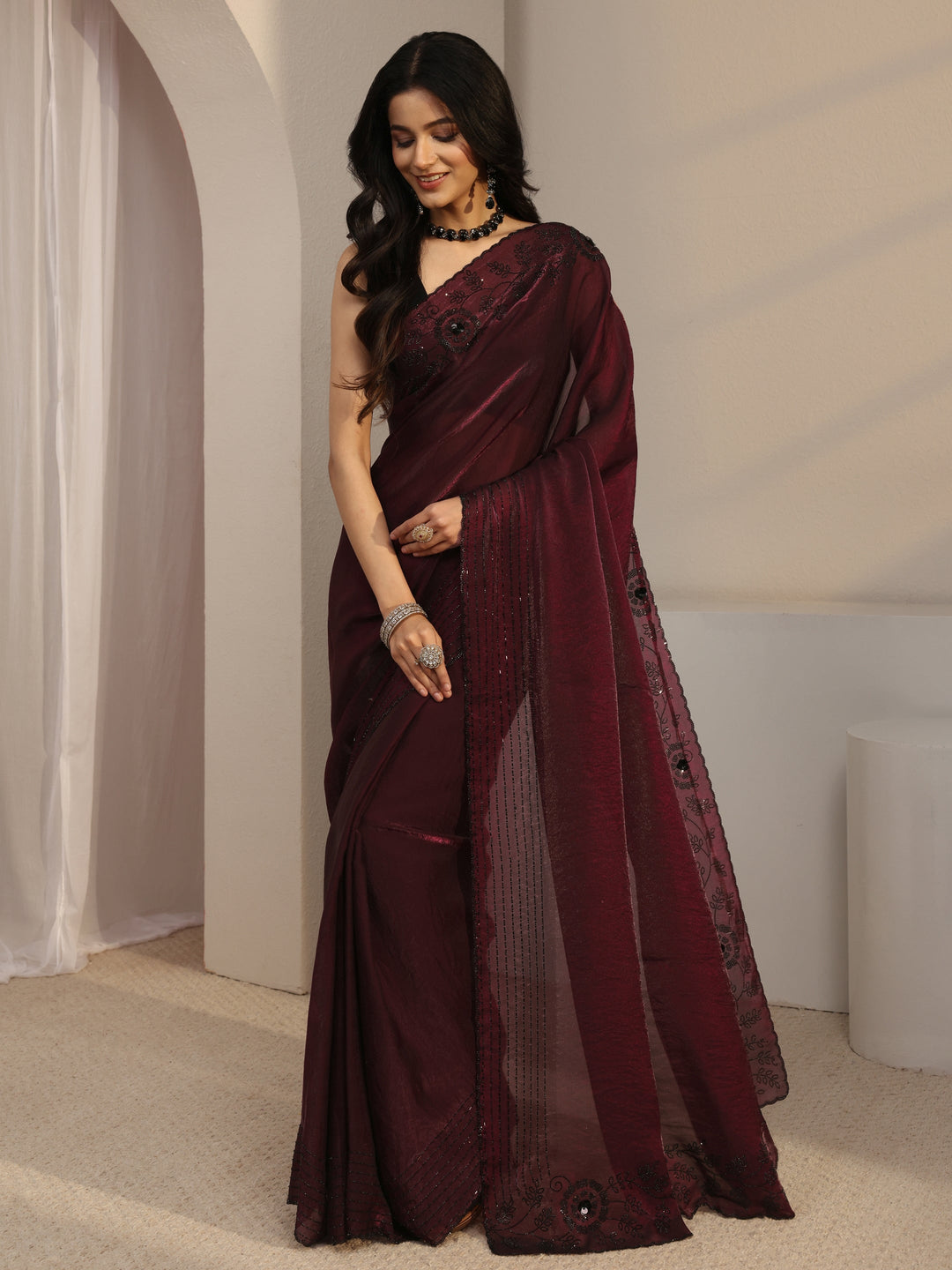  Libas Burgundy Embellished Tissue Saree With Unstiched Blouse Piece 