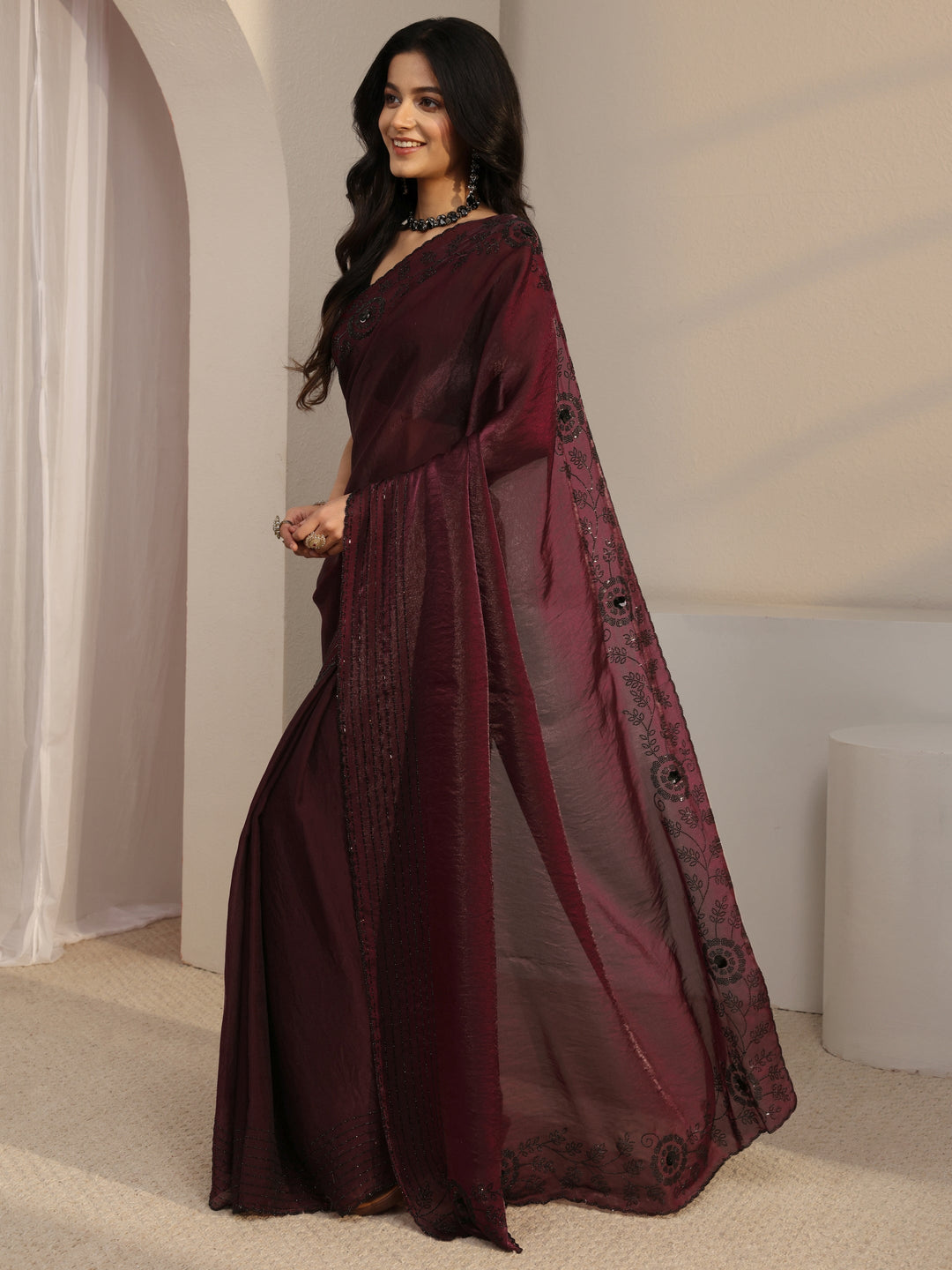  Libas Burgundy Embellished Tissue Saree With Unstiched Blouse Piece 