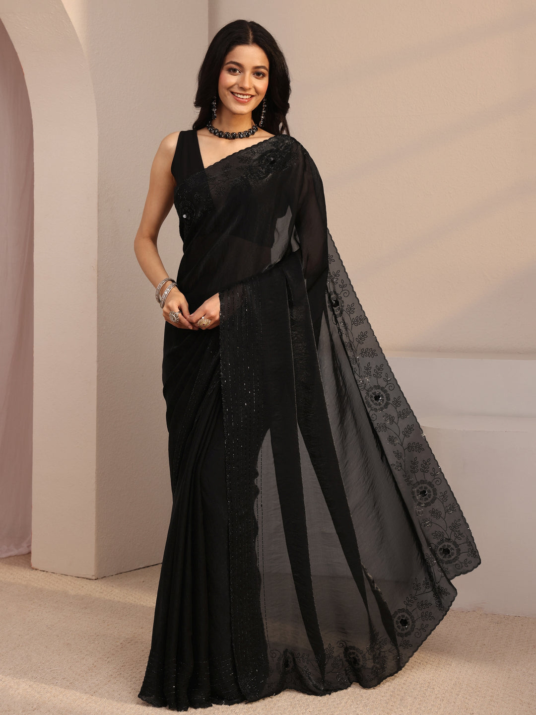 Libas Black Embellished Tissue Saree With Unstiched Blouse Piece 