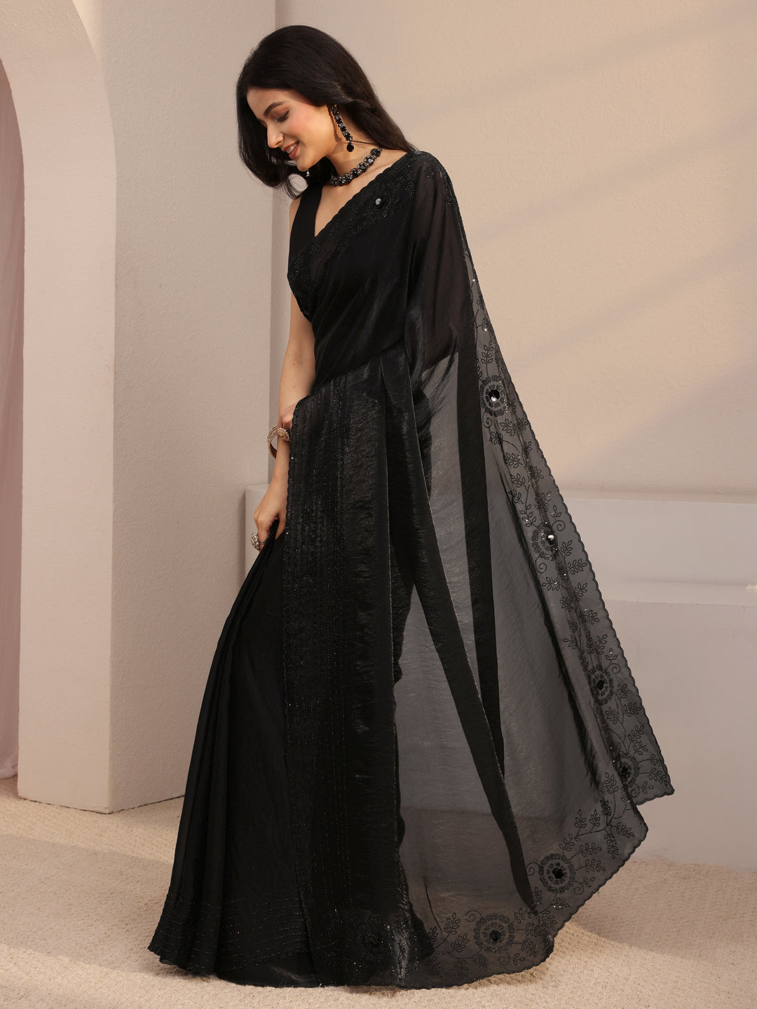 Libas Black Embellished Tissue Saree With Unstiched Blouse Piece 