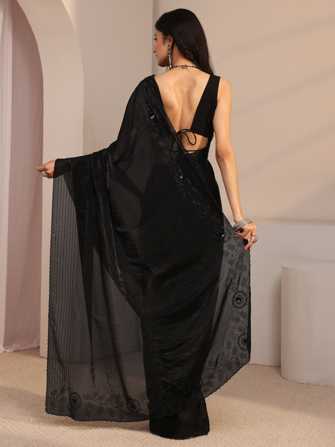  Libas Black Embellished Tissue Saree With Unstiched Blouse Piece 