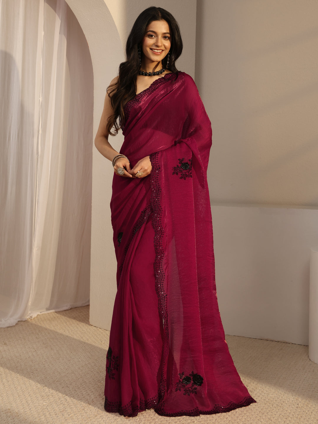  Pink Floral Embellished Organza Saree With Unstitched Blouse Piece 