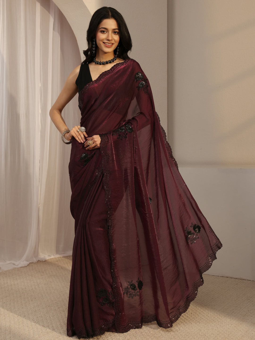  Libas Maroon Floral Embellished Organza Saree With Unstitched Blouse Piece 