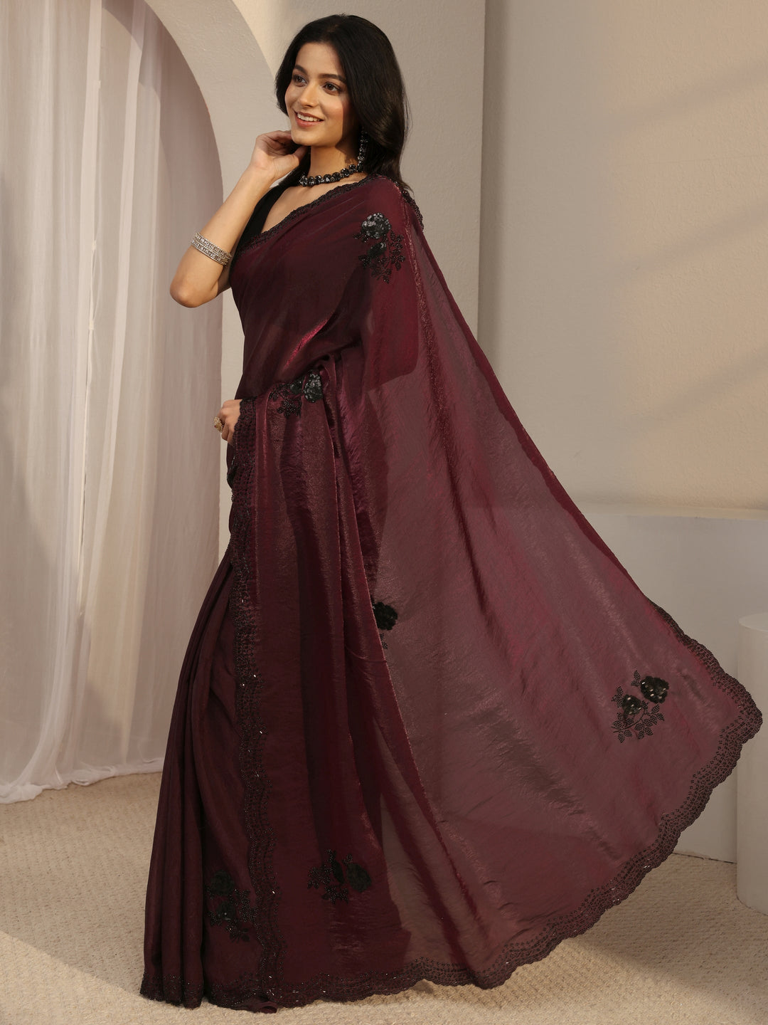  Libas Maroon Floral Embellished Organza Saree With Unstitched Blouse Piece 