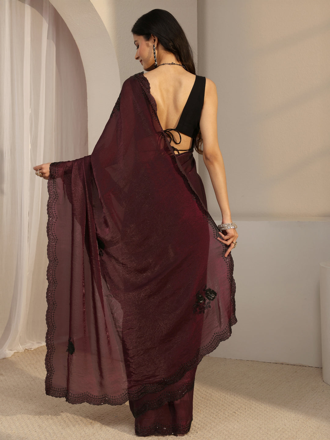  Libas Maroon Floral Embellished Organza Saree With Unstitched Blouse Piece 