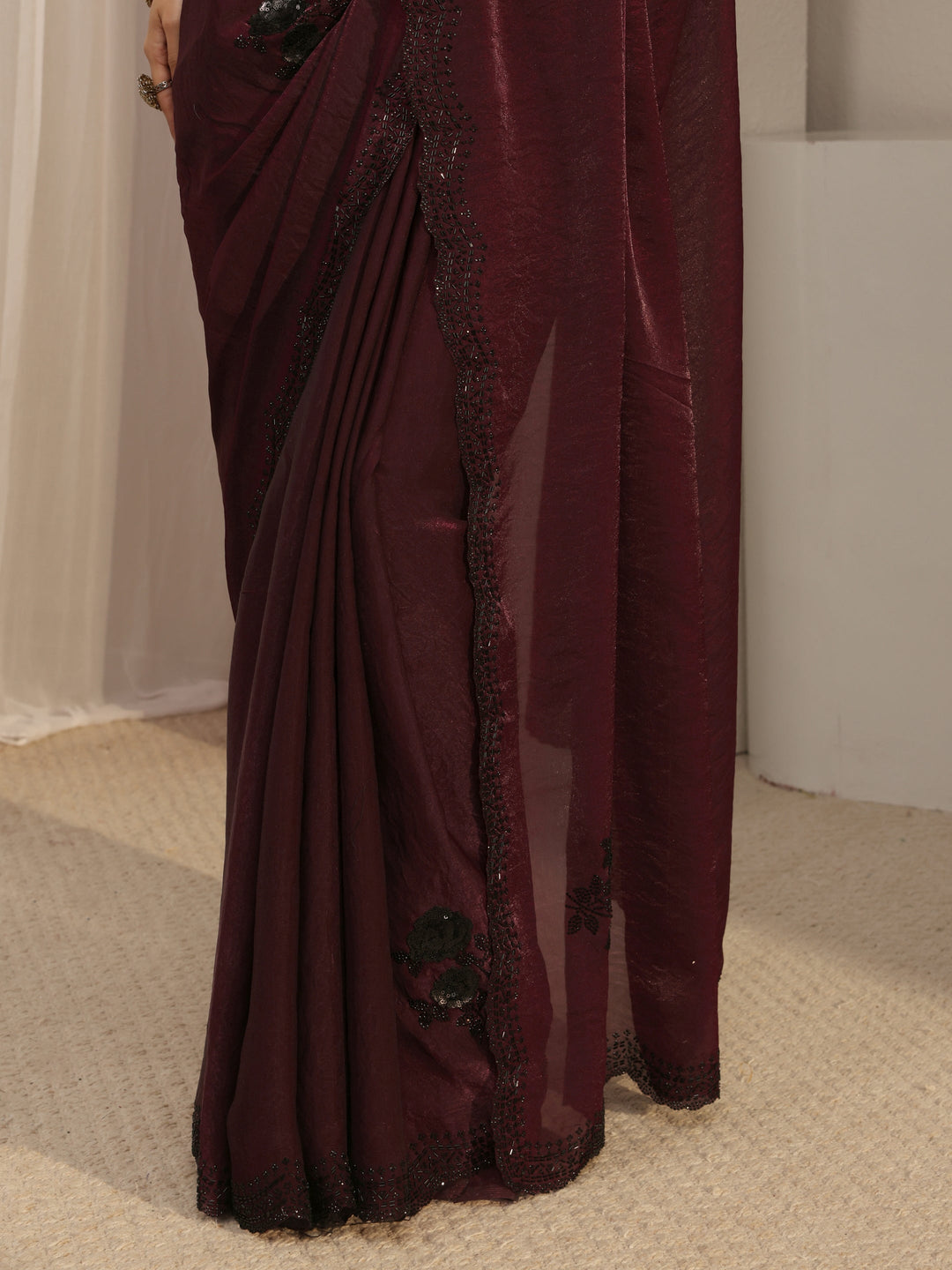  Libas Maroon Floral Embellished Organza Saree With Unstitched Blouse Piece 