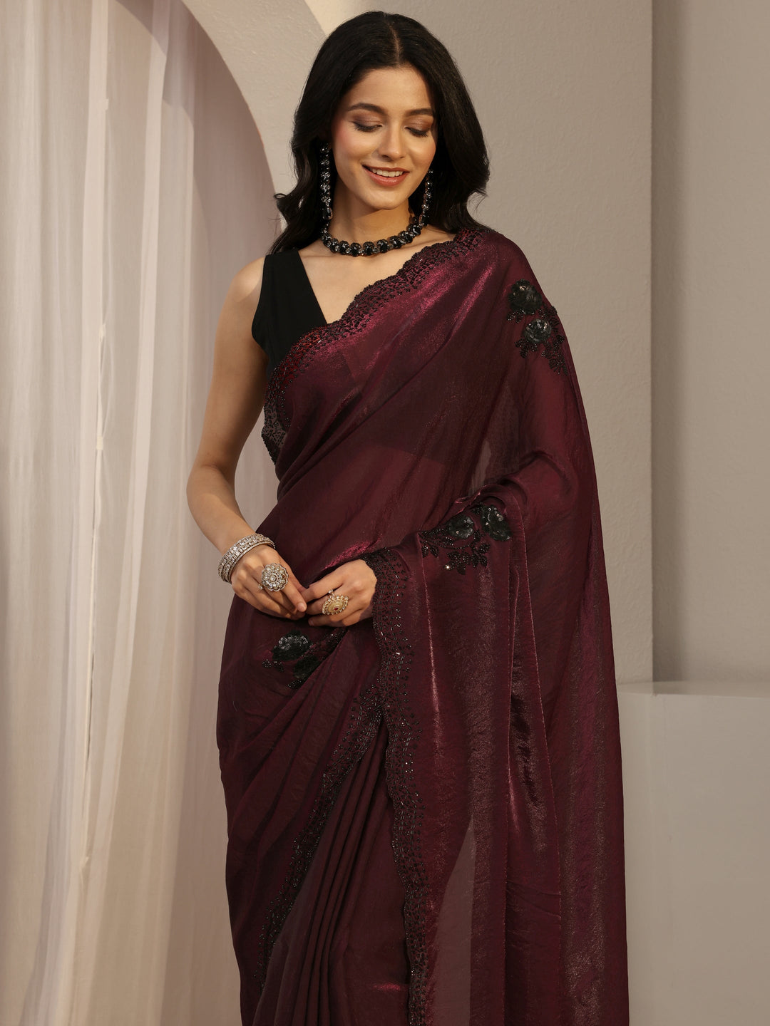  Maroon Floral Embellished Organza Saree With Unstitched Blouse Piece 