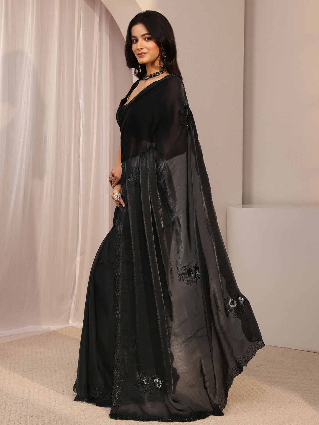 Libas Black Floral Embellished Organza Saree With Unstitched Blouse Piece 