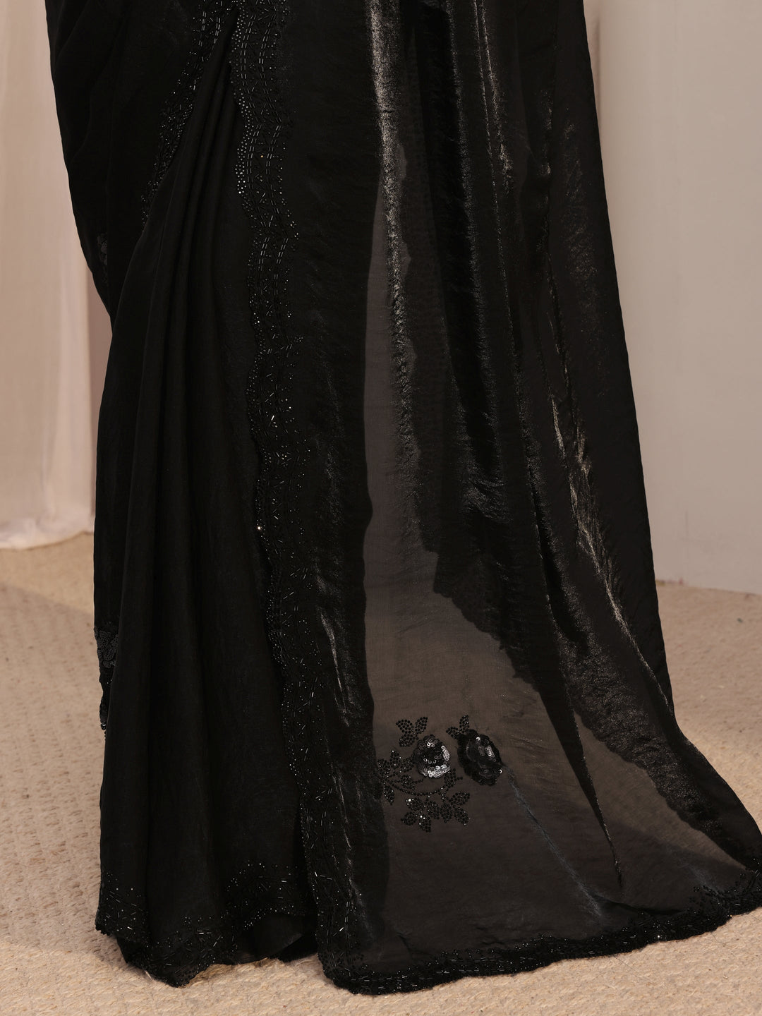  Libas Black Floral Embellished Organza Saree With Unstitched Blouse Piece 