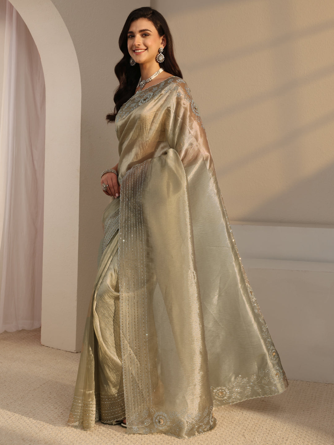  Libas Taupe Embellished Chiffon Saree With Unstitched Blouse Piece 