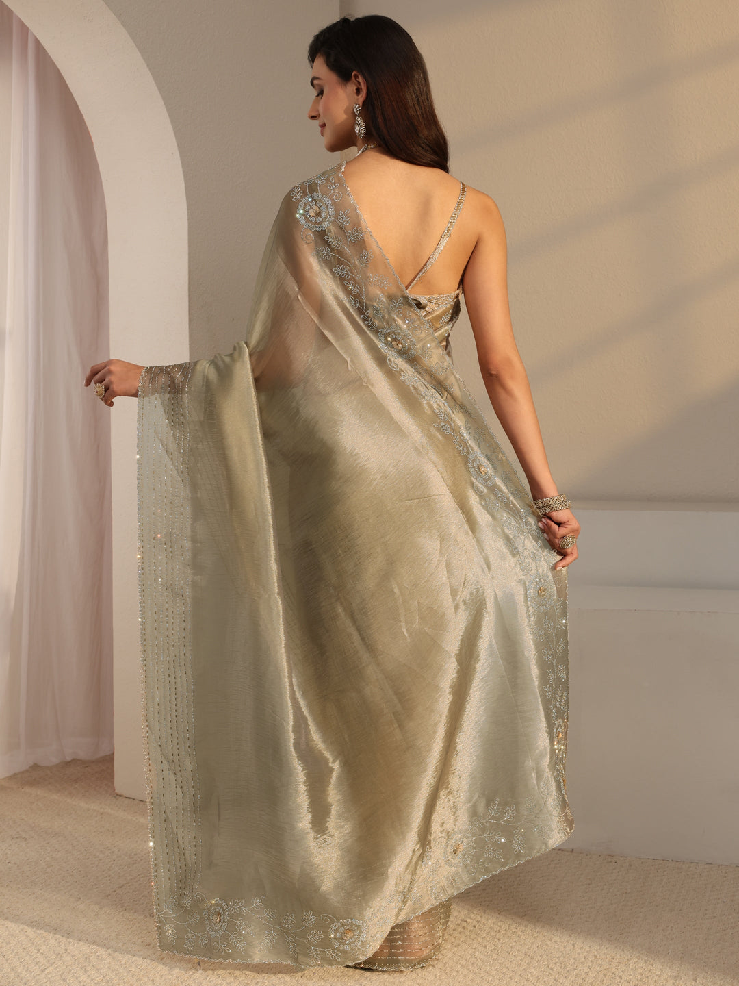  Libas Taupe Embellished Chiffon Saree With Unstitched Blouse Piece 