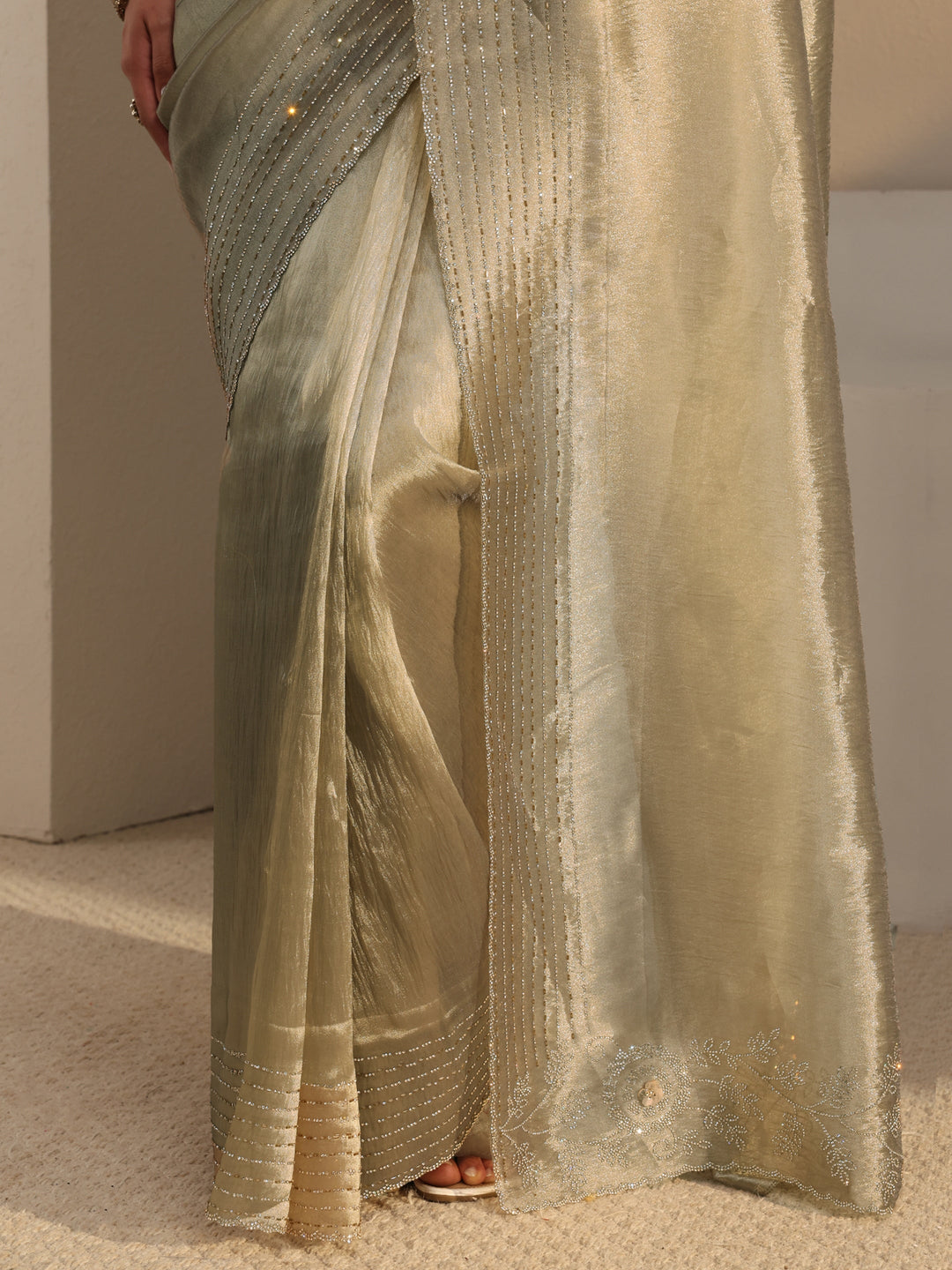 Libas Taupe Embellished Chiffon Saree With Unstitched Blouse Piece 