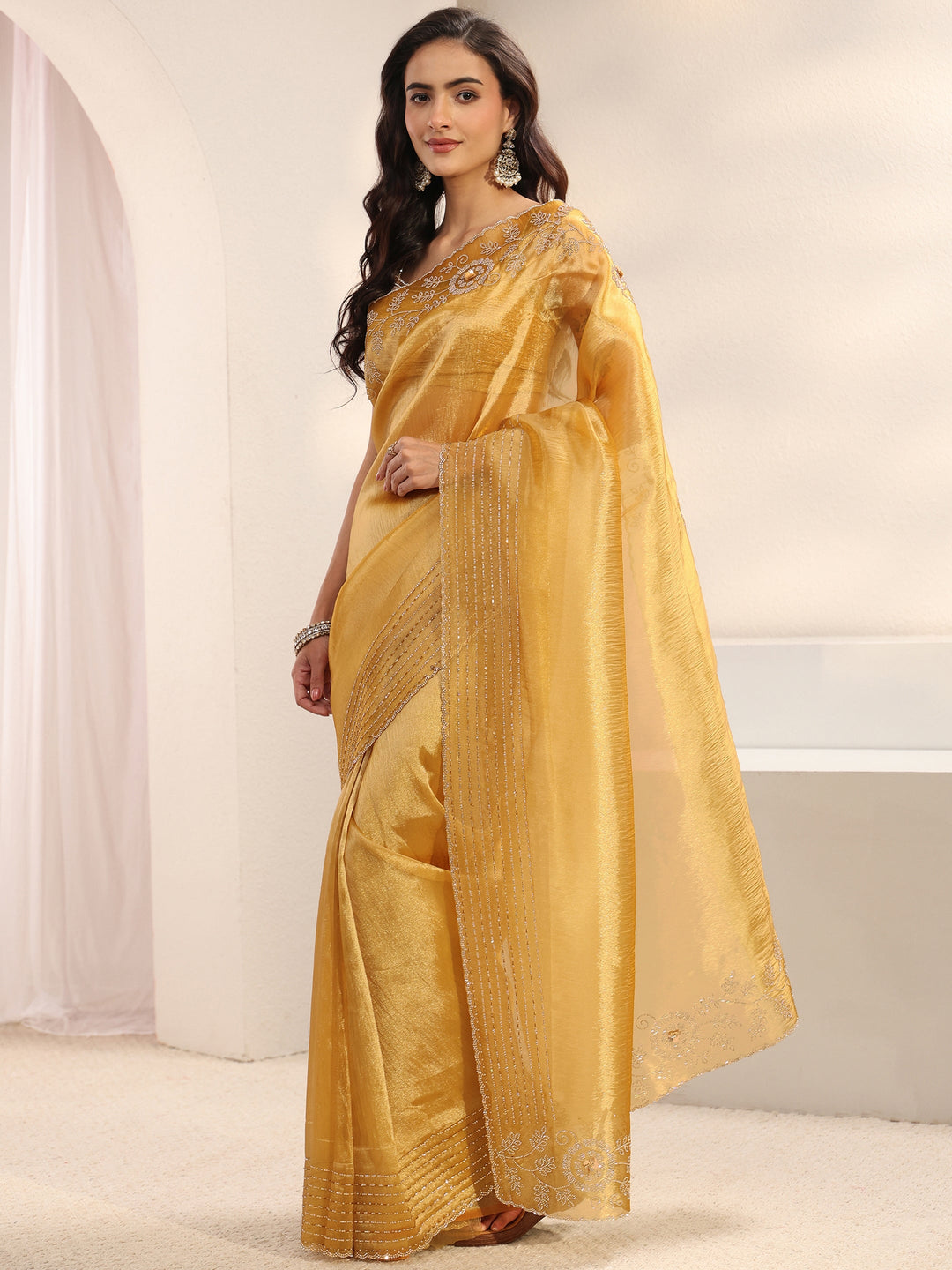  Libas Mustard Embellished Border Chiffon Saree With Unstitched Blouse Piece 