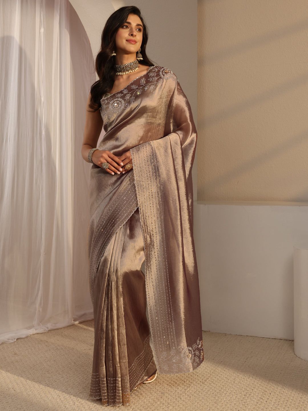  Libas Mauve Embellished Chiffon Saree With Unstitched Blouse Piece 