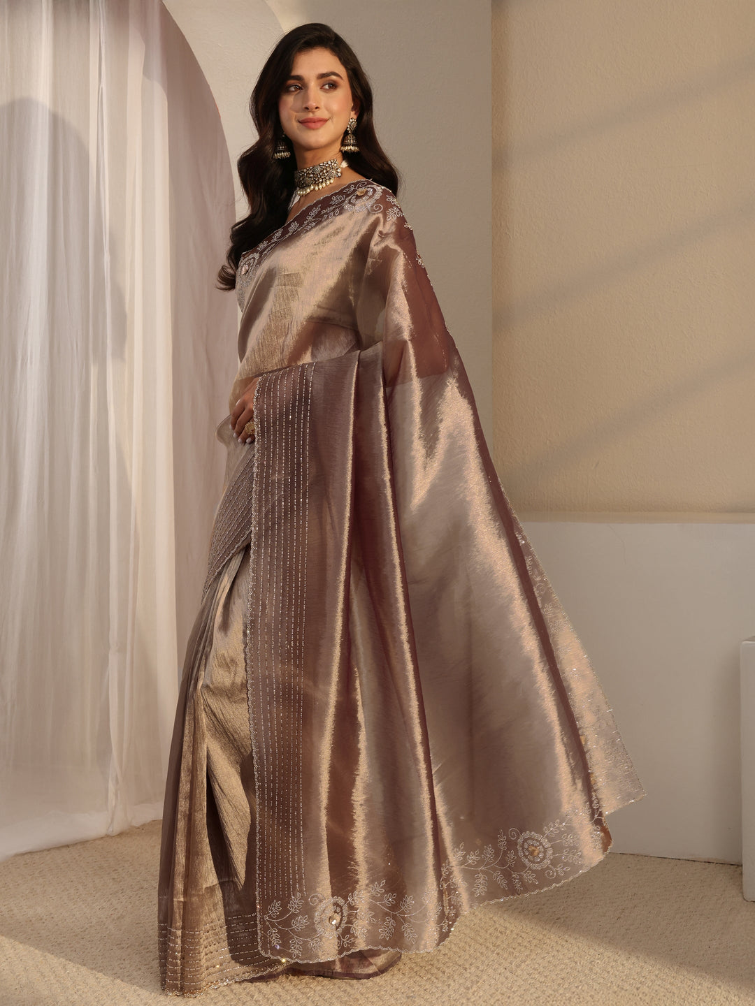  Libas Mauve Embellished Chiffon Saree With Unstitched Blouse Piece 