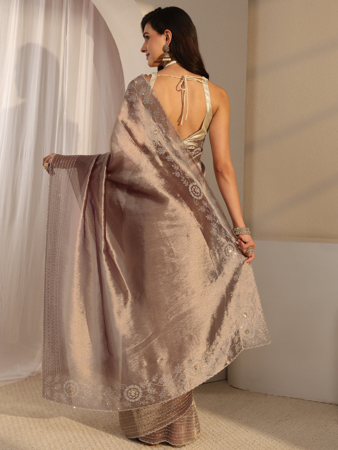  Libas Mauve Embellished Chiffon Saree With Unstitched Blouse Piece 
