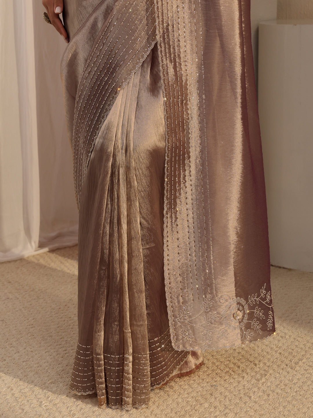  Libas Mauve Embellished Chiffon Saree With Unstitched Blouse Piece 