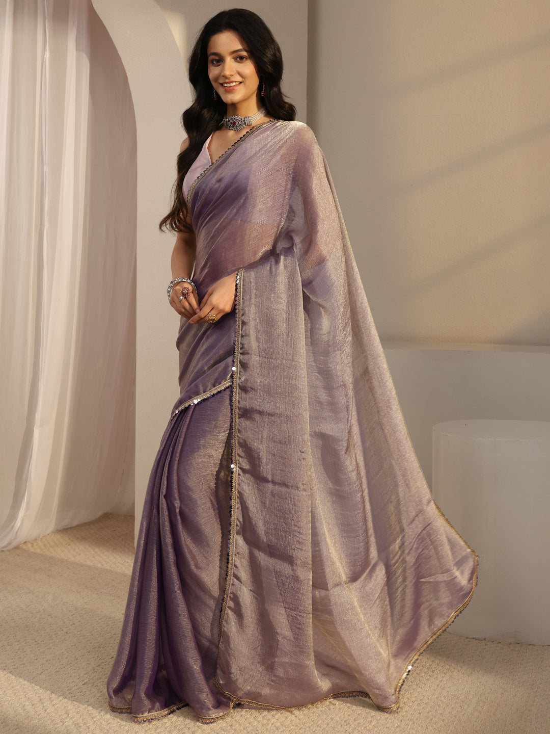  Lavender Solid Chiffon Saree With Unstitched Blouse Piece 