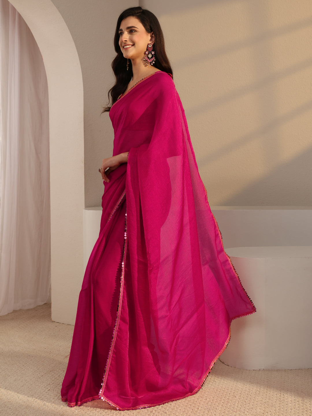  Pink Solid Chiffon Saree With Unstitched Blouse Piece 